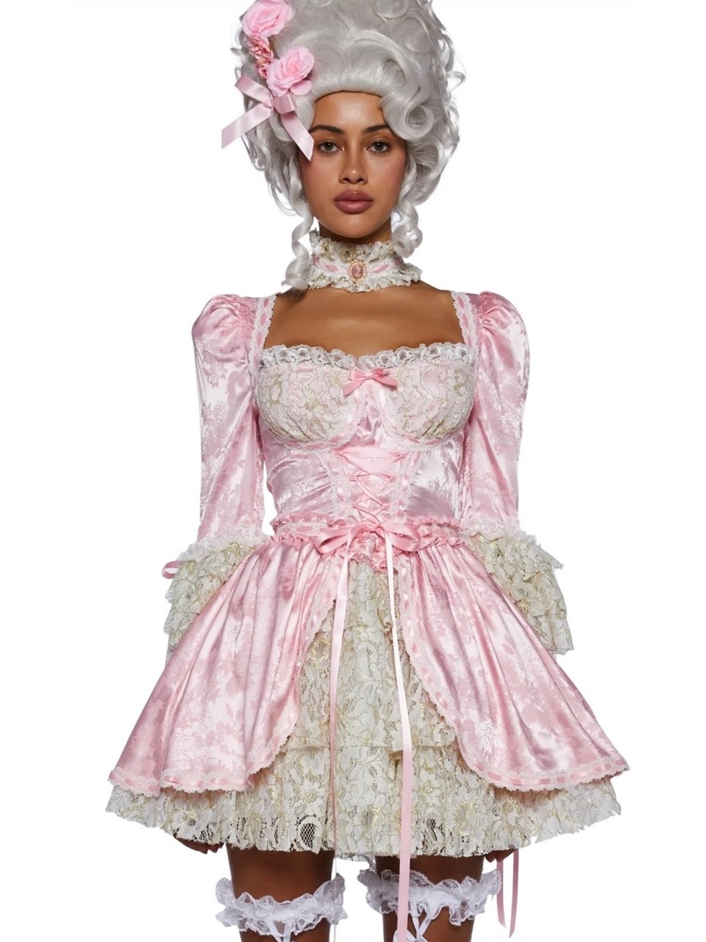 Dolls Kill Pink Satin Rococo Lace-Up Costume Dress